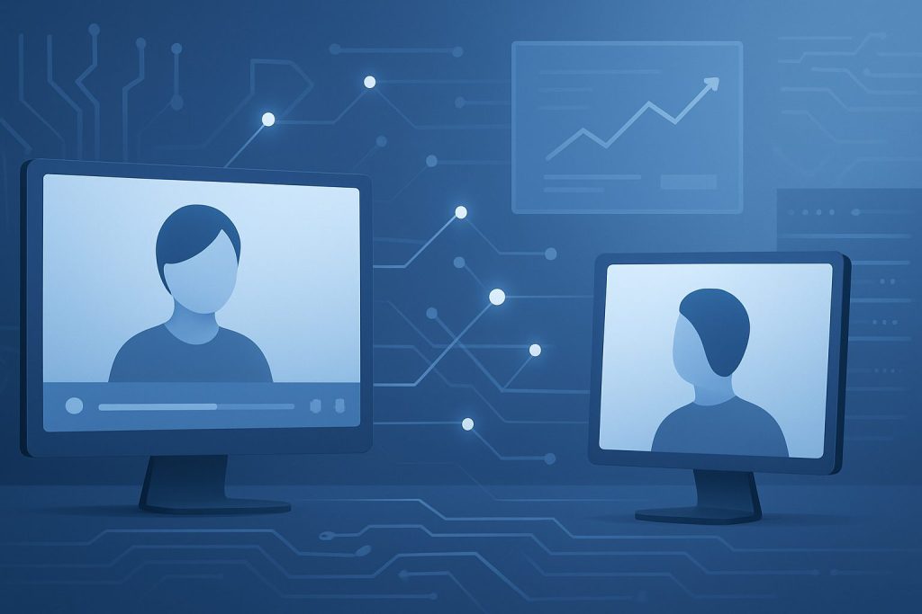 Two abstract computer screens displaying user profiles with a technology-themed background.