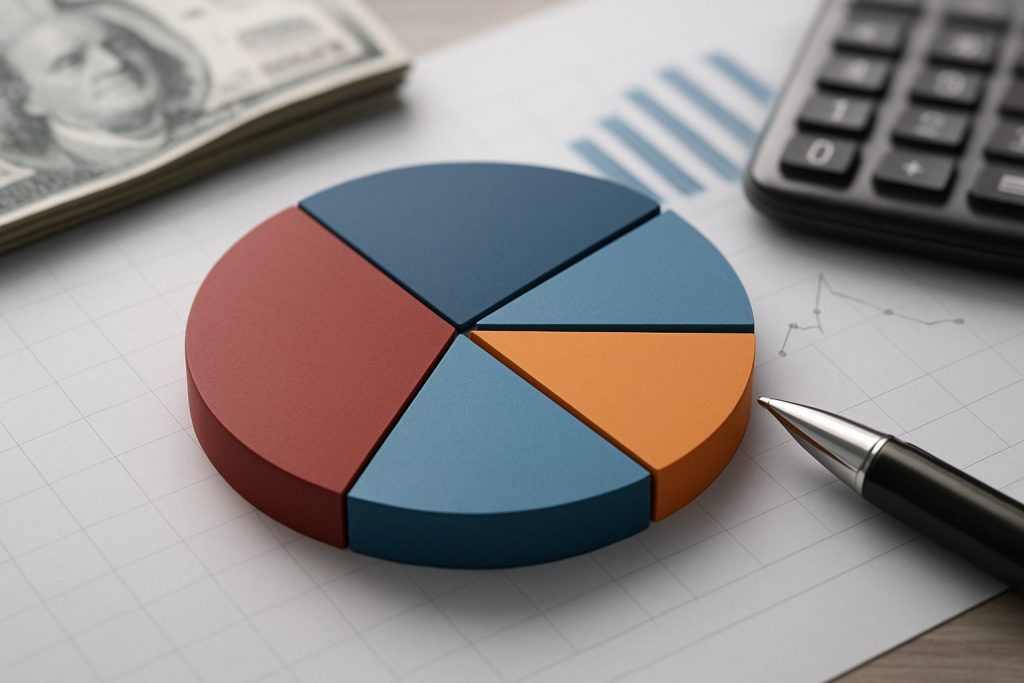 A pie chart composed of different colored segments placed next to a stack of cash and a calculator, symbolizing investme