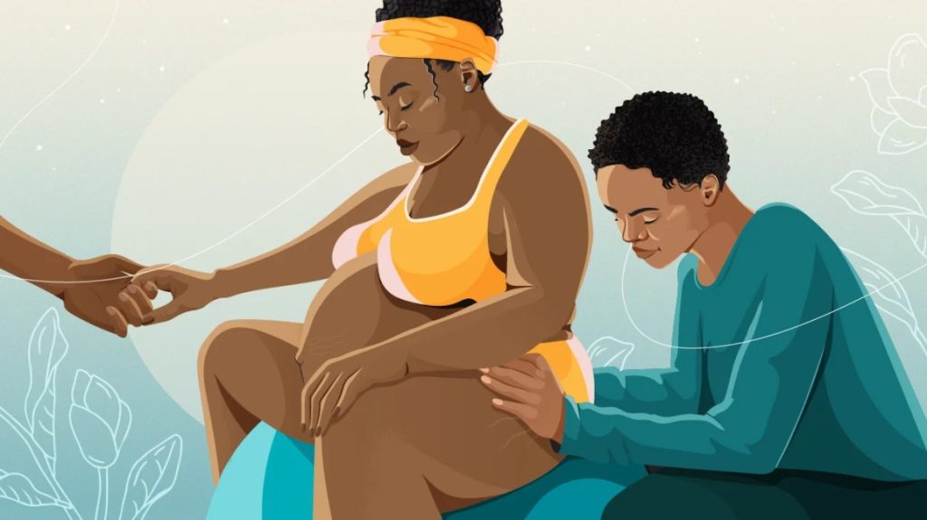 An illustration of a pregnant person sitting on an exercise ball, being supported by another individual, conveying the c