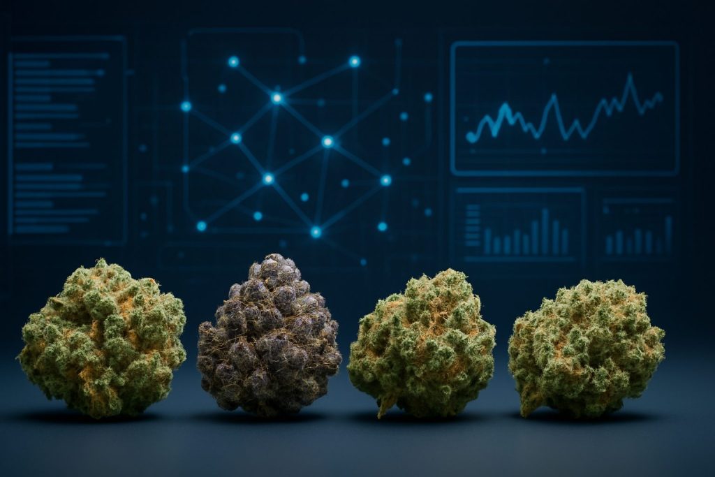 Four different types of cannabis flower displayed in front of a digital background with data visualizations